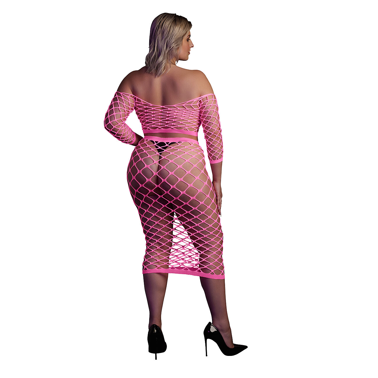 Ouch - UV-valossa hohtava toppi ja hame -setti, pinkki, Plus Size