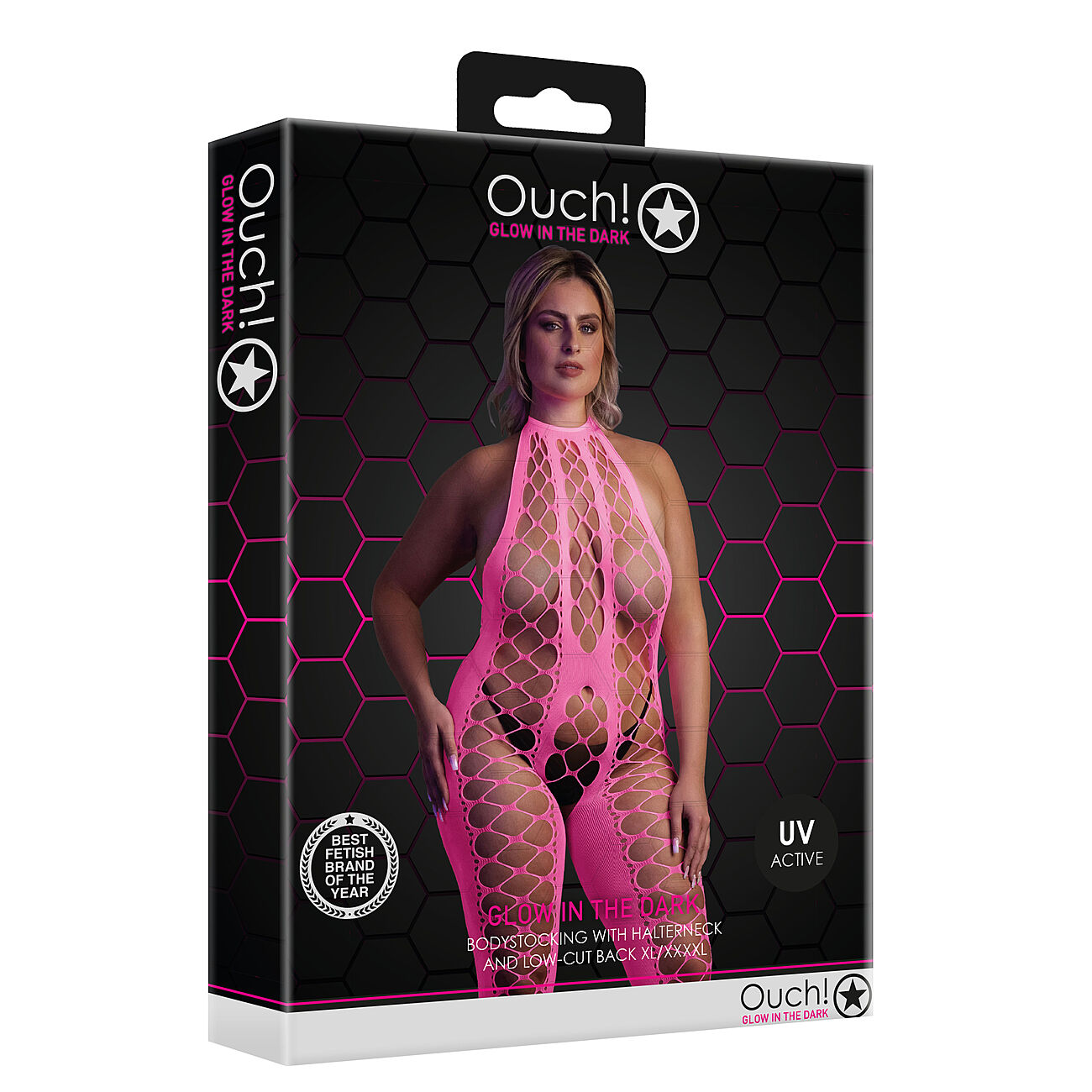 Ouch - UV-valossa hohtava catsuit, pinkki, Plus Size