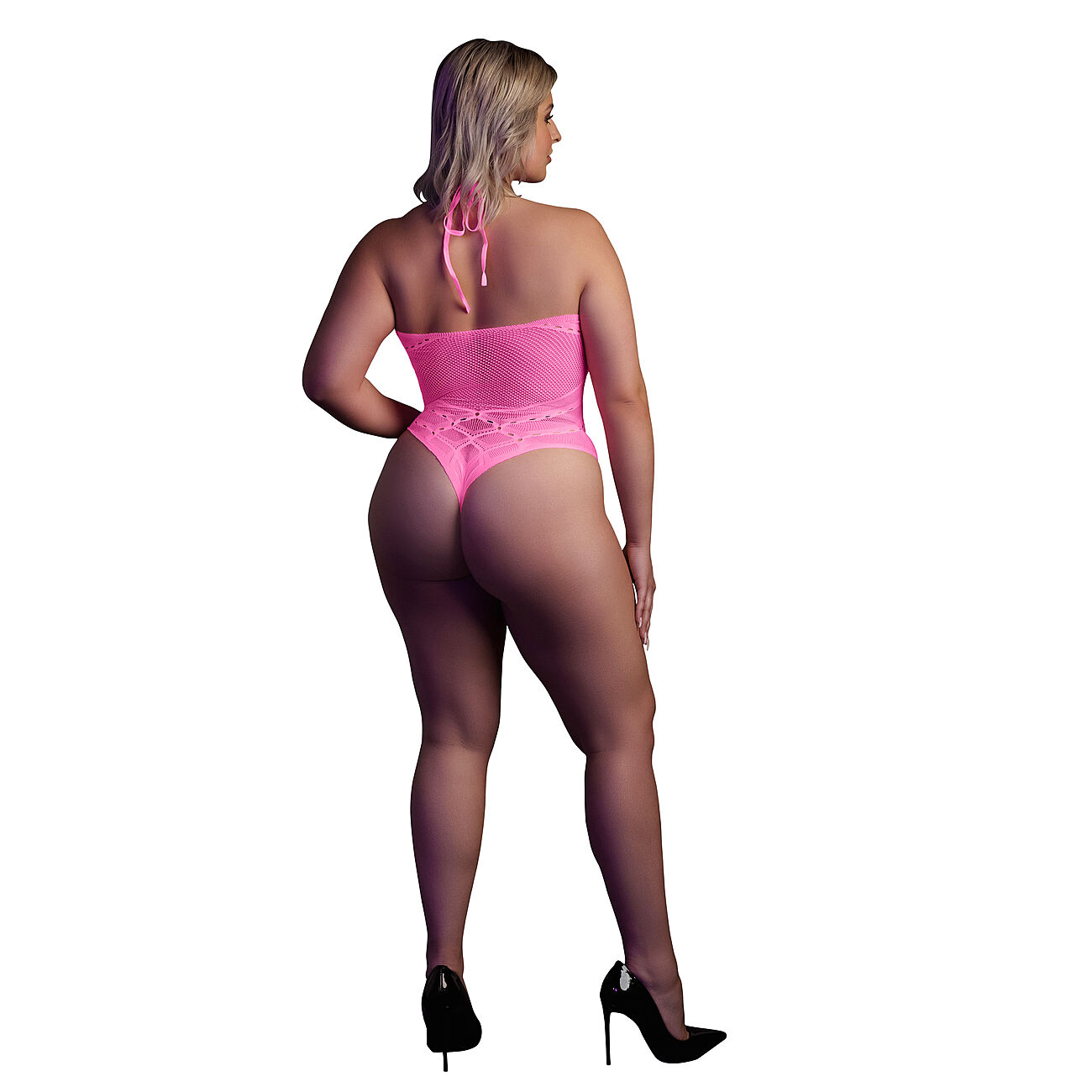 Ouch - UV-valossa hohtava verkkobody, pinkki, Plus Size