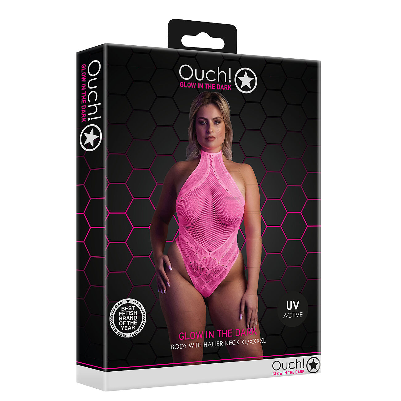 Ouch - UV-valossa hohtava verkkobody, pinkki, Plus Size